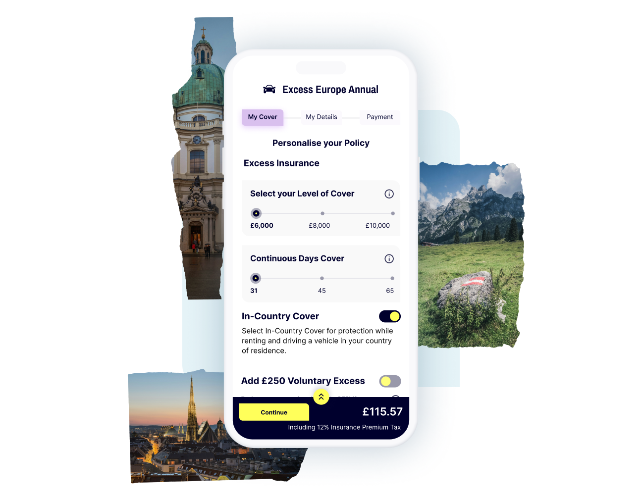 A mobile screen displaying your personalised Gigasure Car Hire Excess policy for Portugal, where you choose your voluntary excess and the length of cover