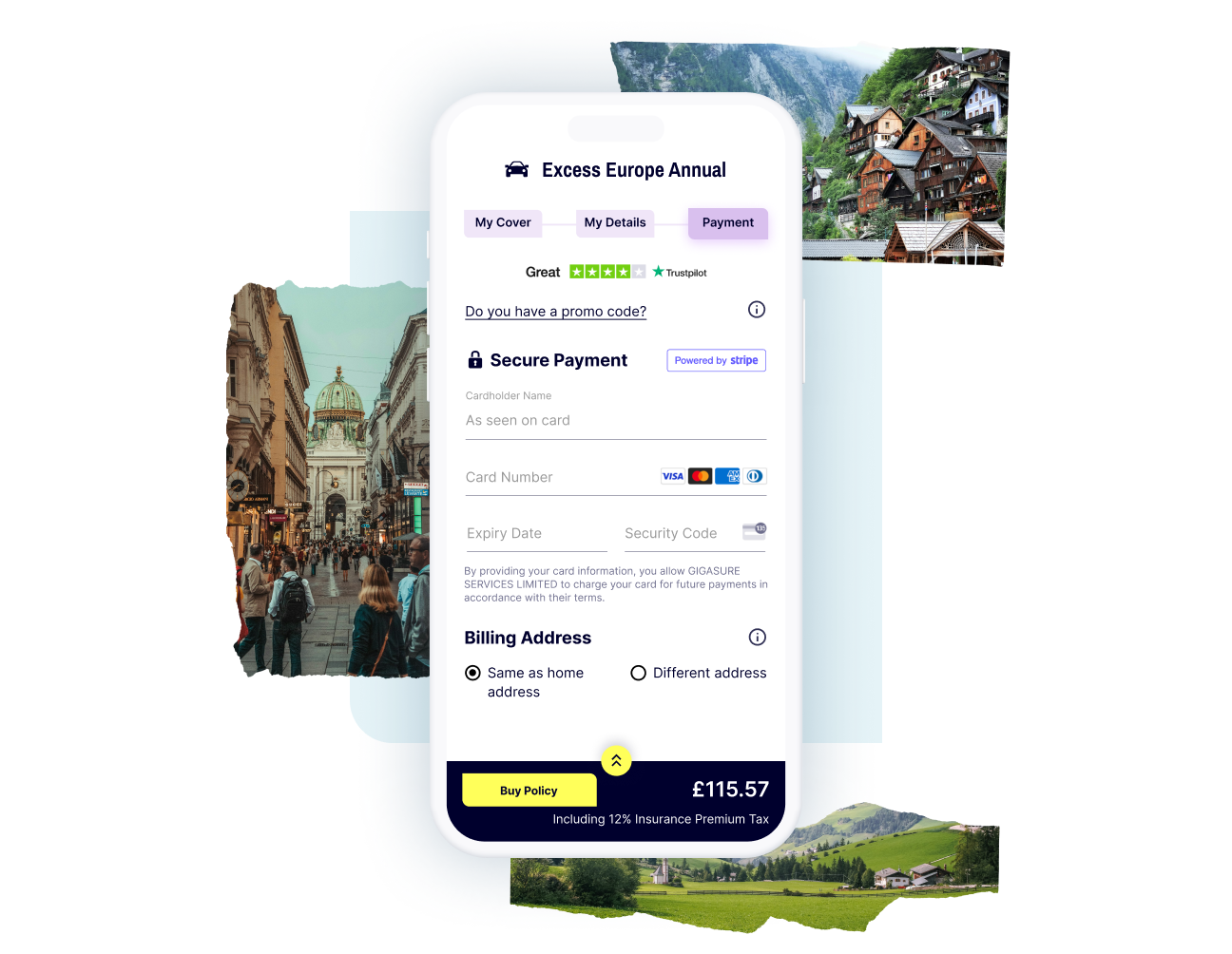 The payment screen in the checkout process for your Gigasure Car Hire Excess Insurance for your trip through Portugal