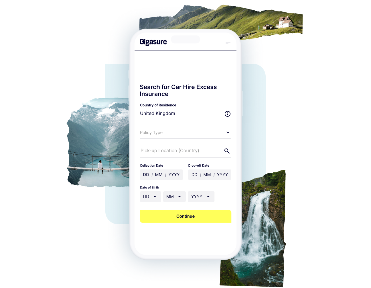 A combination of scenic Portuguese sceneries and a phone screen showing how easy it is to start your Gigasure Car Hire Excess Insurance quote for Portugal
