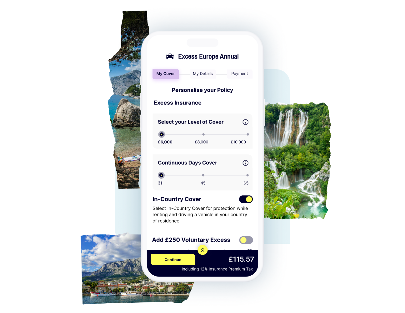 A mobile screen displaying your personalised Gigasure Car Hire Excess policy for Portugal, where you choose your voluntary excess and the length of cover