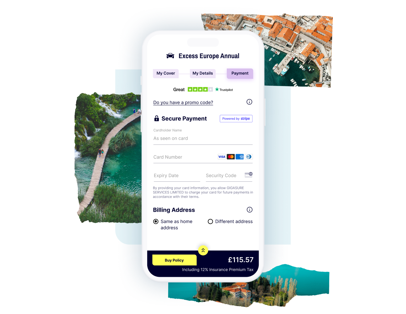 The payment screen in the checkout process for your Gigasure Car Hire Excess Insurance for your trip through Portugal