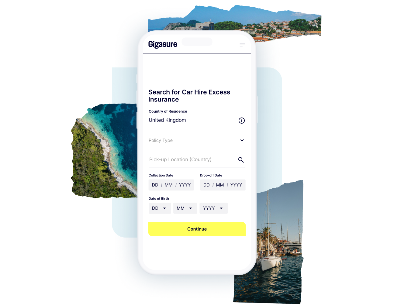 A combination of scenic Portuguese sceneries and a phone screen showing how easy it is to start your Gigasure Car Hire Excess Insurance quote for Portugal