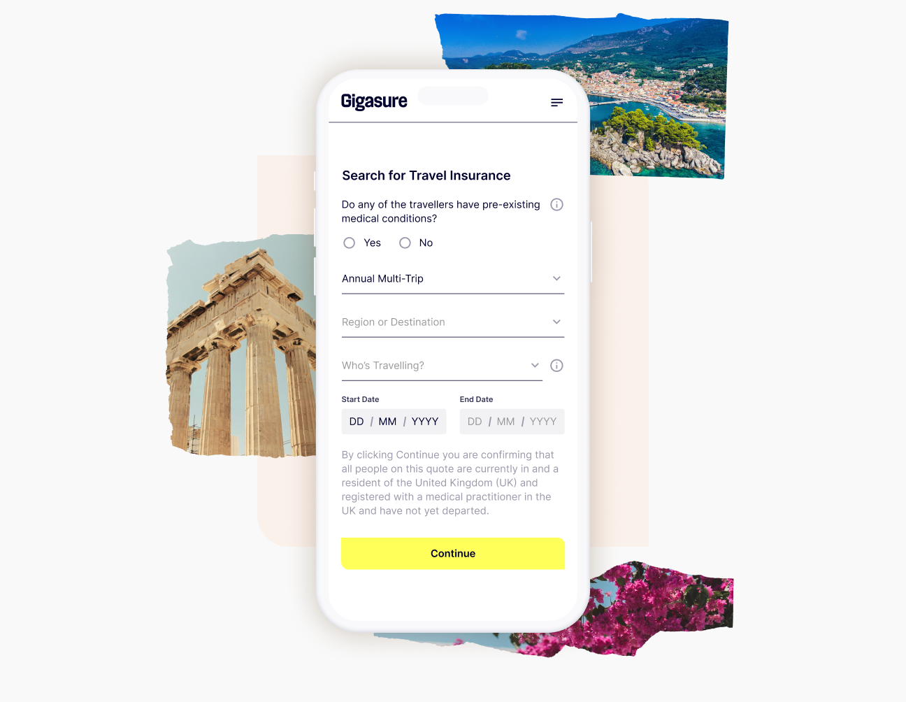 A mobile phone showing the first step required in getting a quote for Travel Insurance for Greece from Gigasure 