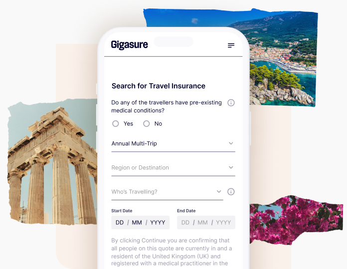 A mobile phone showing the first step required in getting a quote for Travel Insurance for Greece from Gigasure 