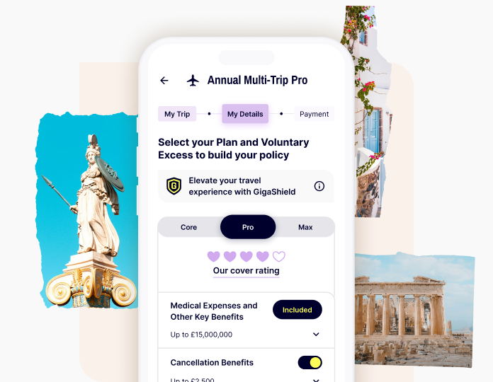 A mobile phone showing step two in the purchasing journey for Gigasure Travel Insurance for Greece.