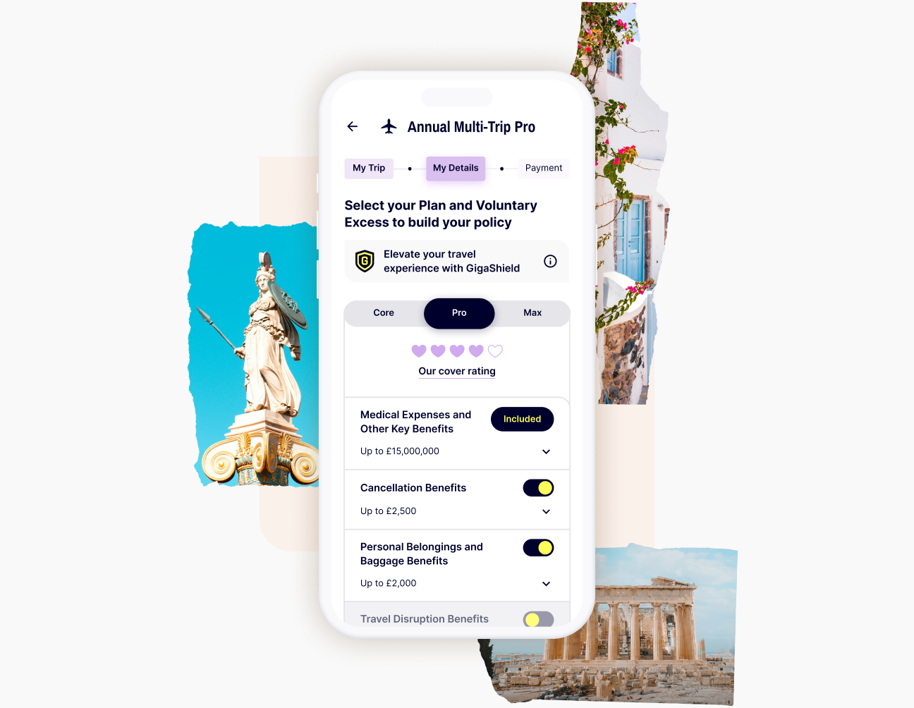 A mobile phone showing step two in the purchasing journey for Gigasure Travel Insurance for Greece.