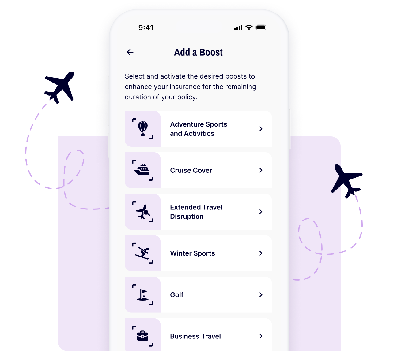 A mobile screen showing all the post-purchase Boosts available in the Gigasure app. You can add these to your policy anytime