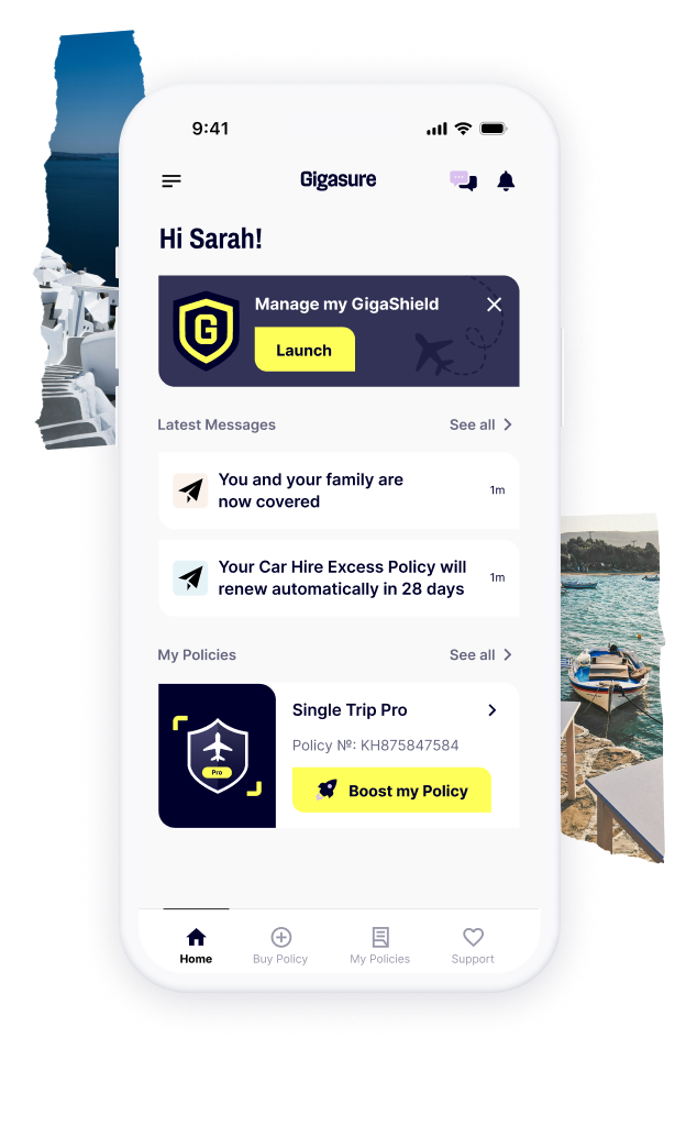 A mobile screen displaying the homepage for the Gigasure app