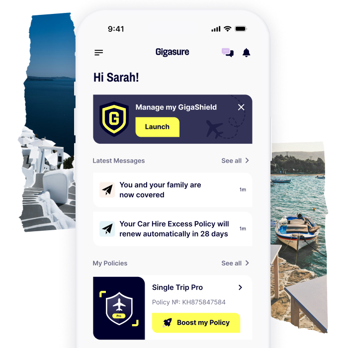 A mobile screen displaying the homepage for the Gigasure app