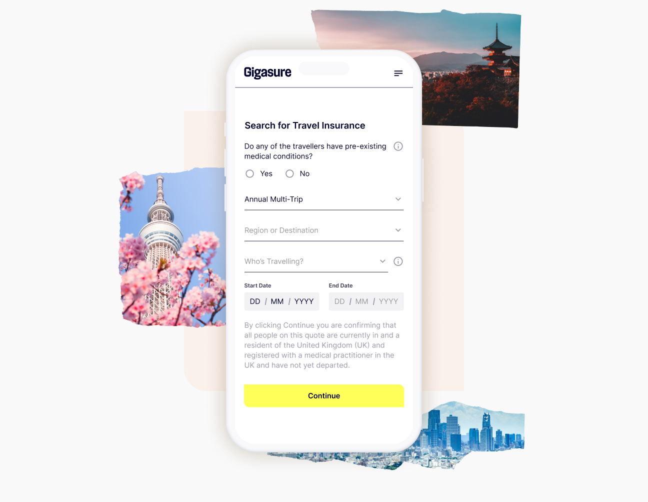 A mobile phone showing the first step required in getting a quote for Travel Insurance for Japan from Gigasure 