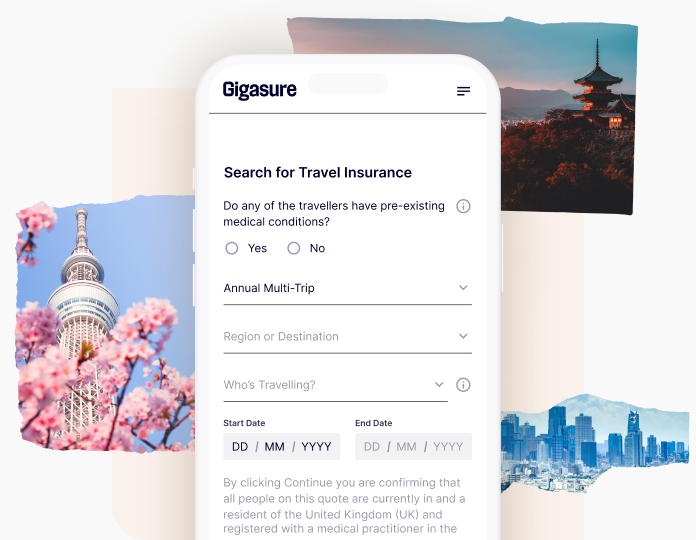 A mobile phone showing the first step required in getting a quote for Travel Insurance for Japan from Gigasure 