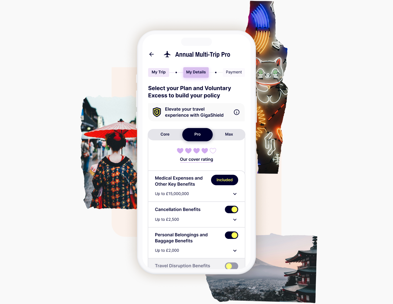 A mobile phone showing step two in the purchasing journey for Gigasure Travel Insurance for Japan.