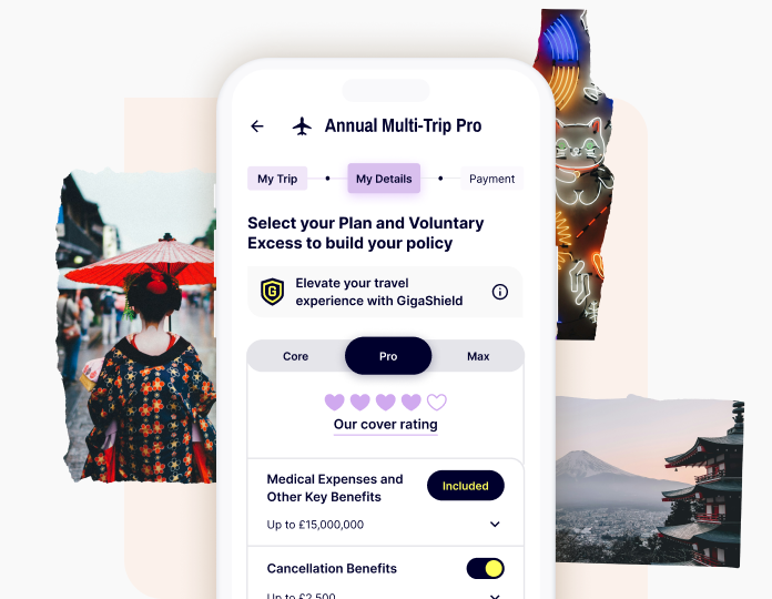 A mobile phone showing step two in the purchasing journey for Gigasure Travel Insurance for Japan.