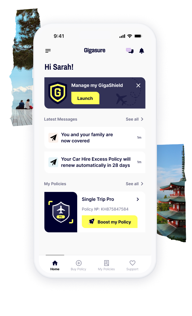A mobile screen displaying the homepage for the Gigasure app