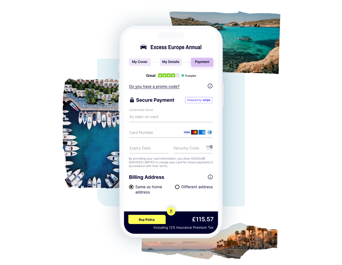 The payment screen in the checkout process for your Gigasure Car Hire Excess Insurance for your trip through Malta
