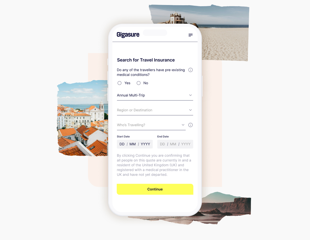 A mobile phone showing the first step required in getting a quote for Travel Insurance for Portugal from Gigasure 
