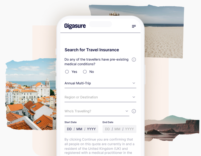 A mobile phone showing the first step required in getting a quote for Travel Insurance for Portugal from Gigasure 