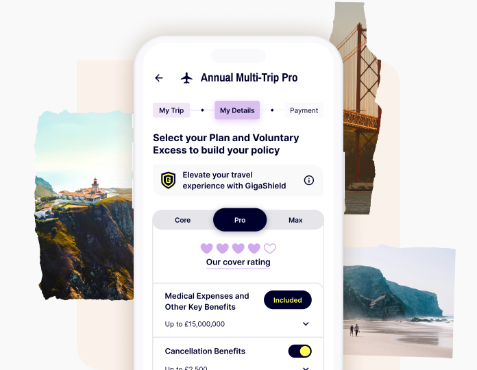A mobile phone showing step two in the purchasing journey for Gigasure Travel Insurance for Portugal. This step presents the three plan options avialable to select from