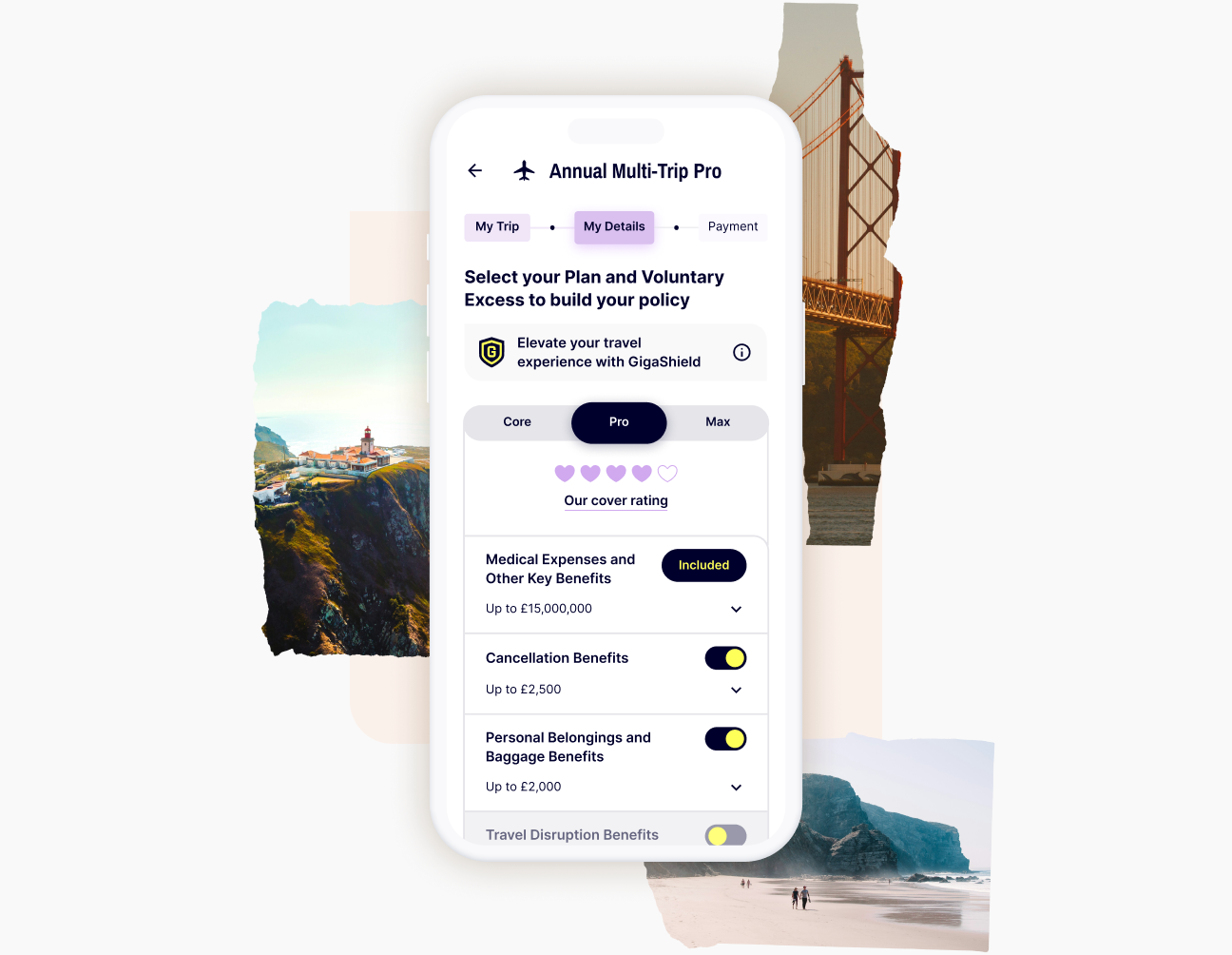 A mobile phone showing step two in the purchasing journey for Gigasure Travel Insurance for Portugal. This step presents the three plan options avialable to select from