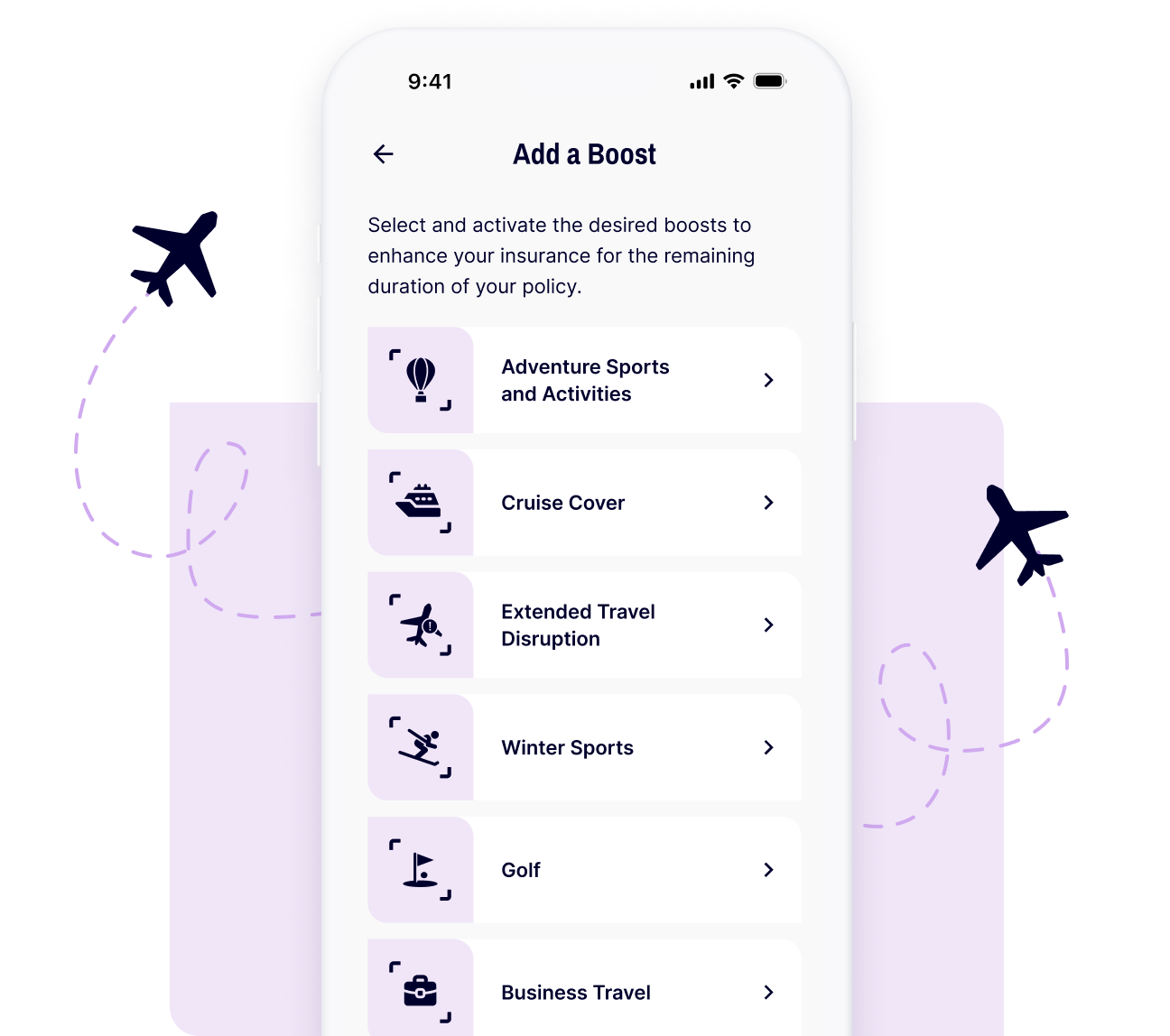 A mobile screen showing all the post-purchase Boosts available in the Gigasure app. You can add these to your policy anytime