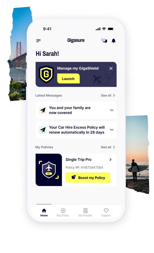 A mobile screen displaying the homepage for the Gigasure app