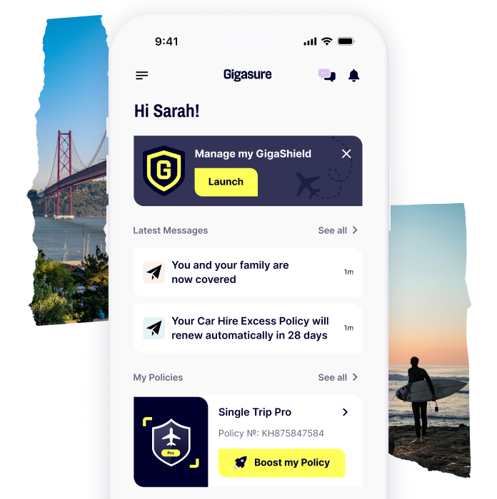 A mobile screen displaying the homepage for the Gigasure app