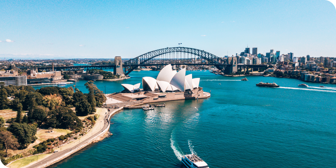 Sydney, Australia. Landscape aerial view of Sydney Opera house near Sydney business center around the harbour.