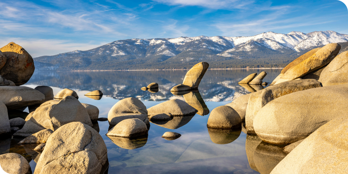 United States Scenic View of Lake Tahoe with Reflective Stones, Nevada