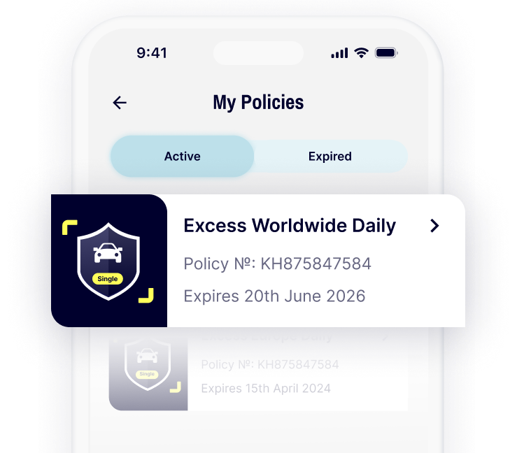 Within the Gigasure app, your active Excess Europe Daily policy is clearly displayed. You can view and manage all your current and previous policies directly from the app, anytime.