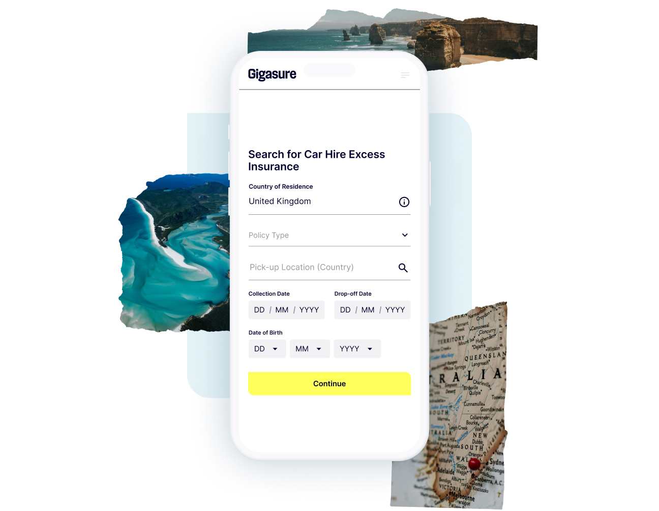 A combination of scenic Maltese sceneries and a phone screen showing how easy it is to start your Gigasure Car Hire Excess Insurance quote for Malta