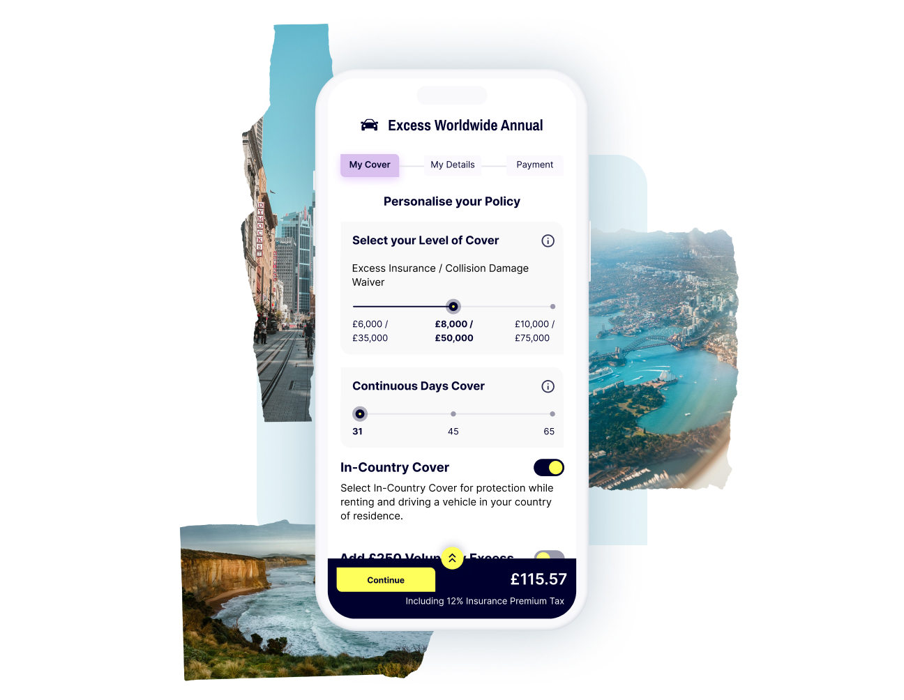 A mobile screen displaying your personalised Gigasure Car Hire Excess policy for Malta, where you choose your voluntary excess and the length of cover