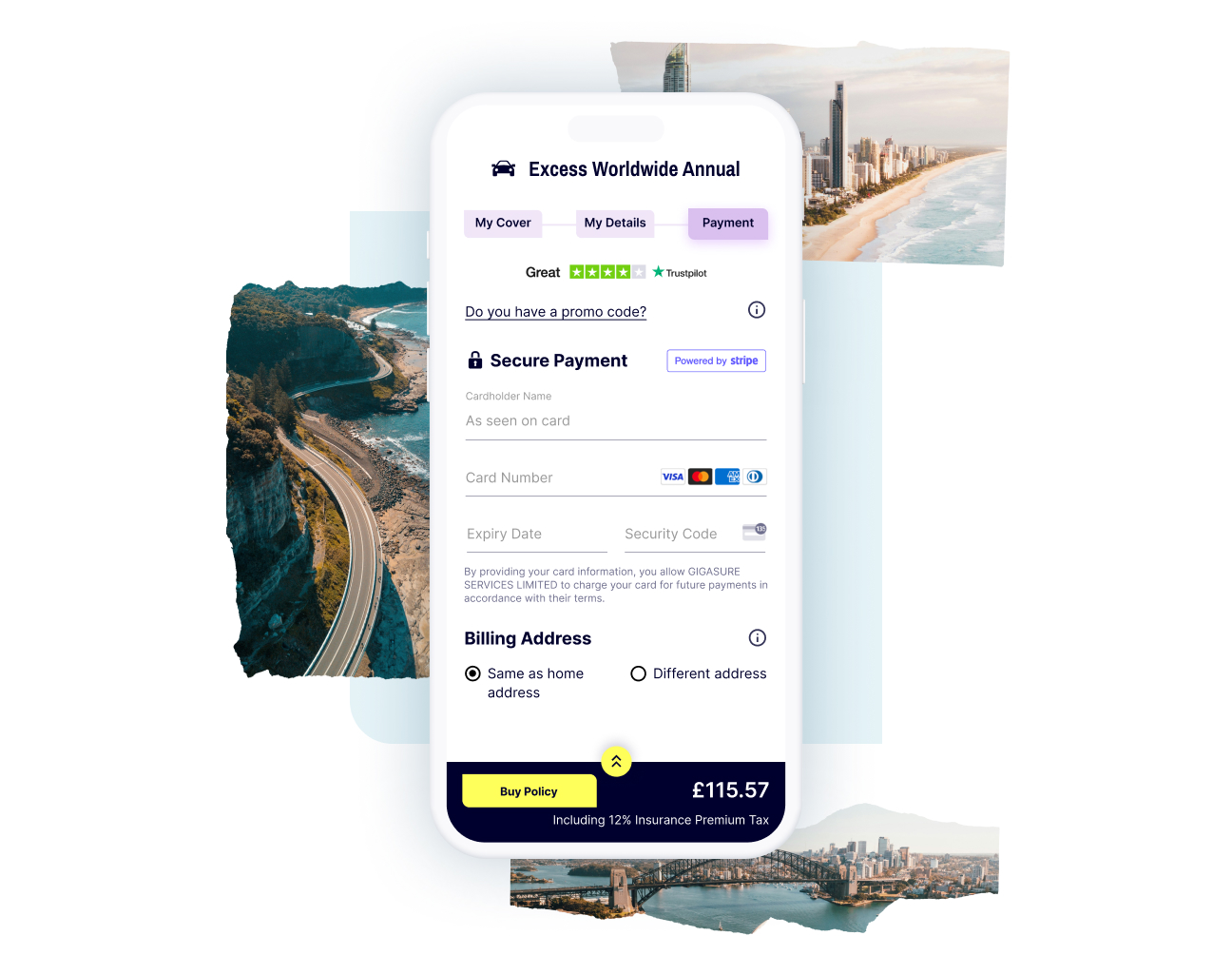 The payment screen in the checkout process for your Gigasure Car Hire Excess Insurance for your trip through Malta