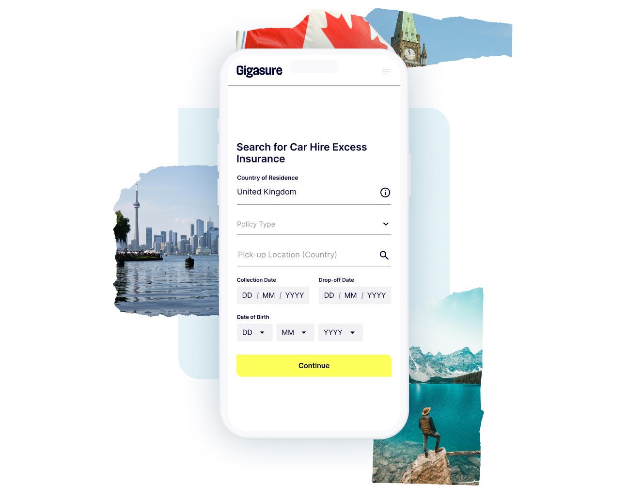 A combination of scenic Maltese sceneries and a phone screen showing how easy it is to start your Gigasure Car Hire Excess Insurance quote for Malta