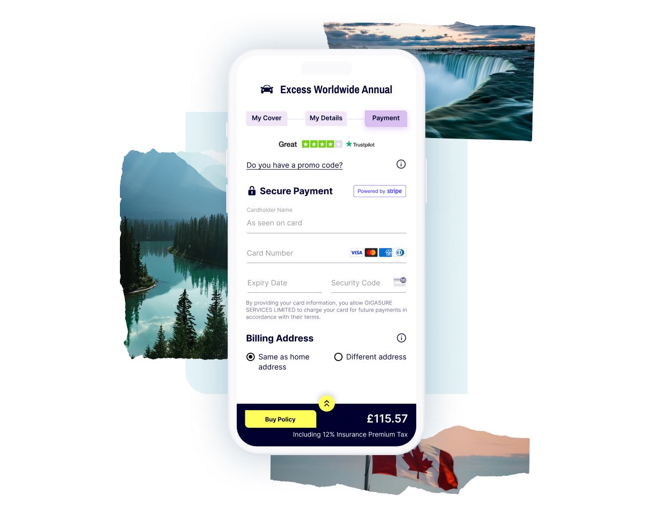 The payment screen in the checkout process for your Gigasure Car Hire Excess Insurance for your trip through Malta