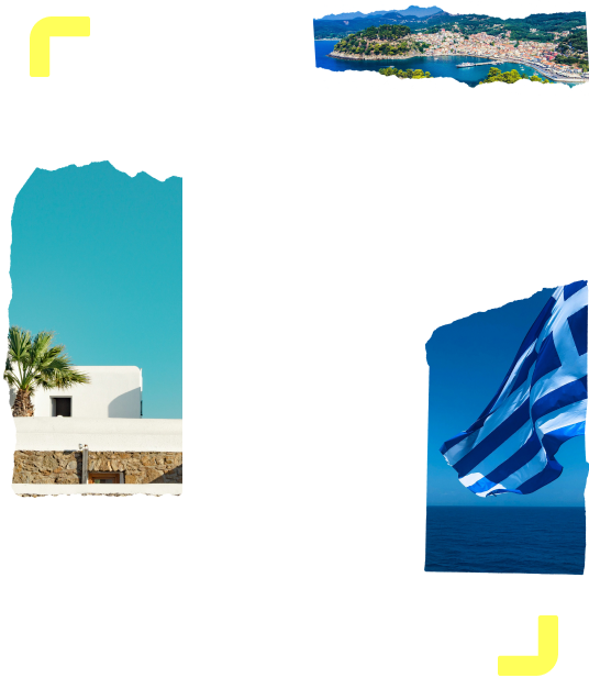 A collage of images with seaside views from Greece along with the Greek flag