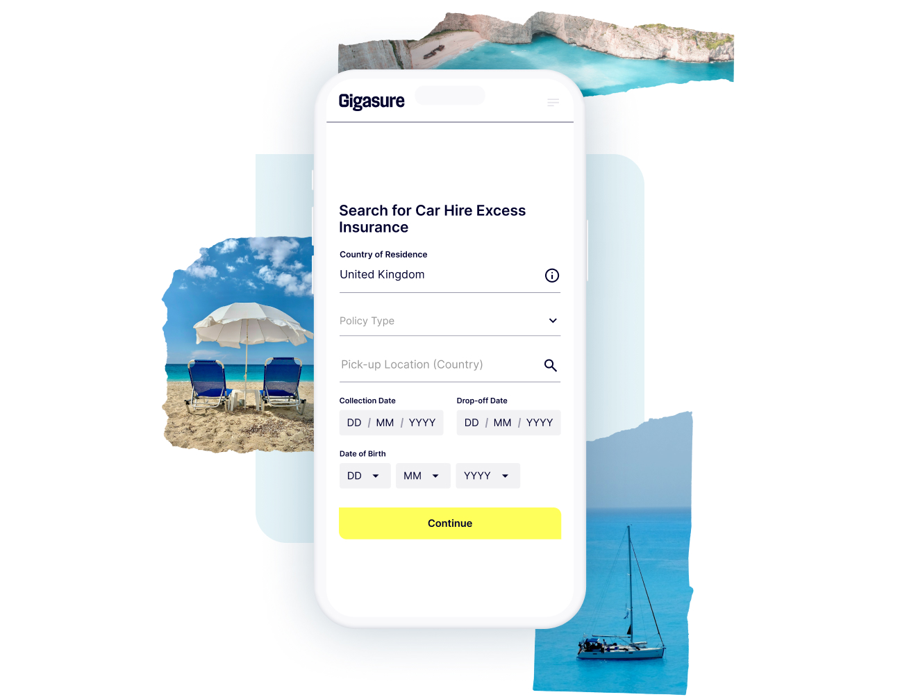 A mix of Greek sights alongside a phone screen highlighting how to start your Gigasure Car Hire Excess Insurance quote for Greece