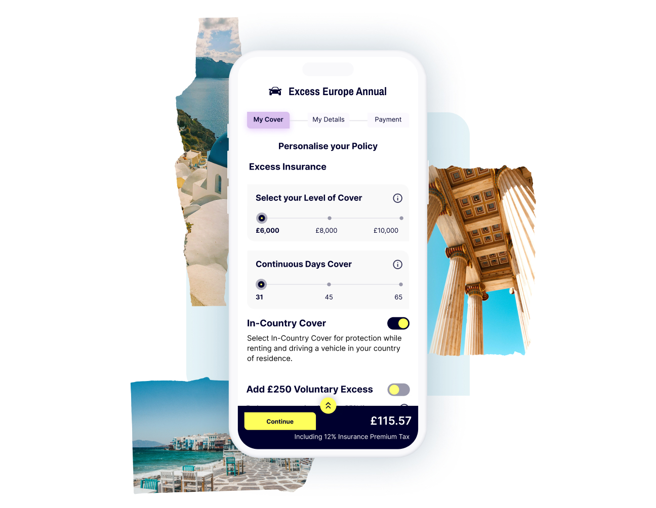 A mobile screen with your Car Hire Excess Insurance plan for Greece, with options to set your voluntary excess and the number of consecutive days you need cover.