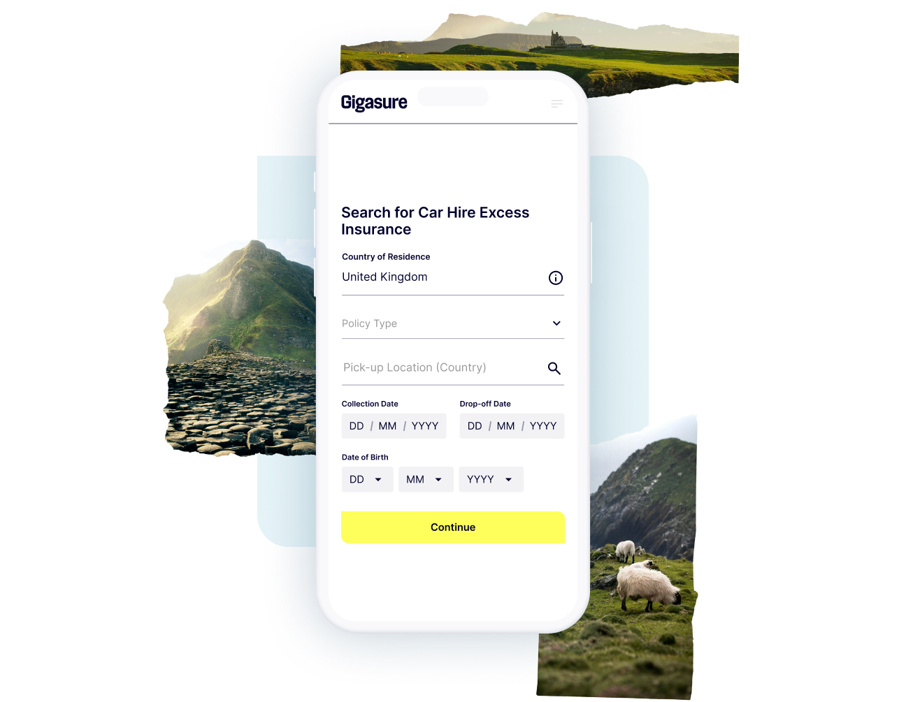 A mix of Irish sights alongside a phone screen highlighting how to start your Gigasure Car Hire Excess Insurance quote for Ireland