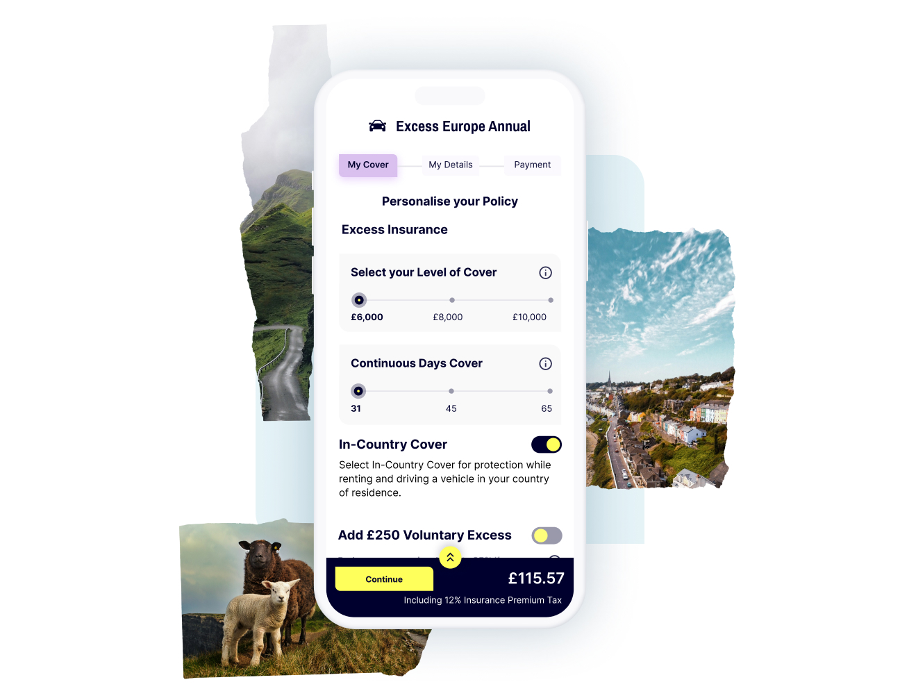 A mobile screen with your Car Hire Excess Insurance plan for Germany, with options to set your voluntary excess and the number of consecutive days you need cover.