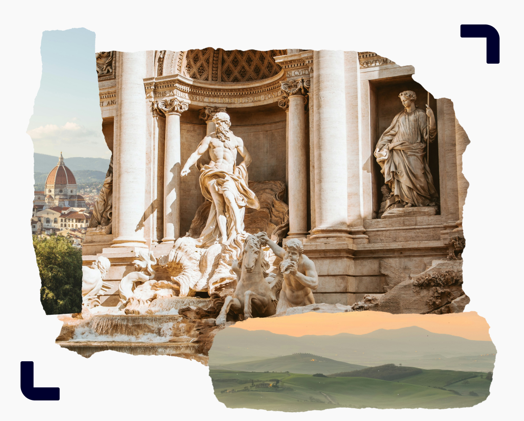 A collage of images with statues from Italy 