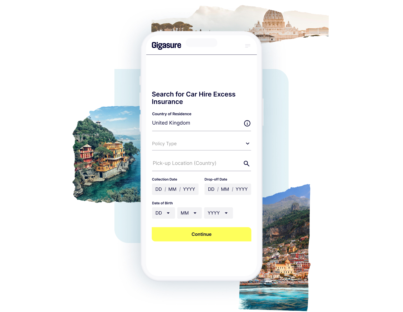 A mix of Italian seaside and a phone screen highlighting how to start your Gigasure Car Hire Excess Insurance quote for Italy