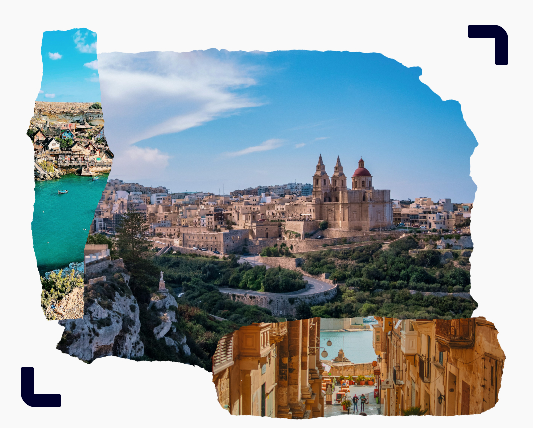 Beautiful views of Malta featuring coastal cliffs, historic architecture, and colorful Mediterranean streets.