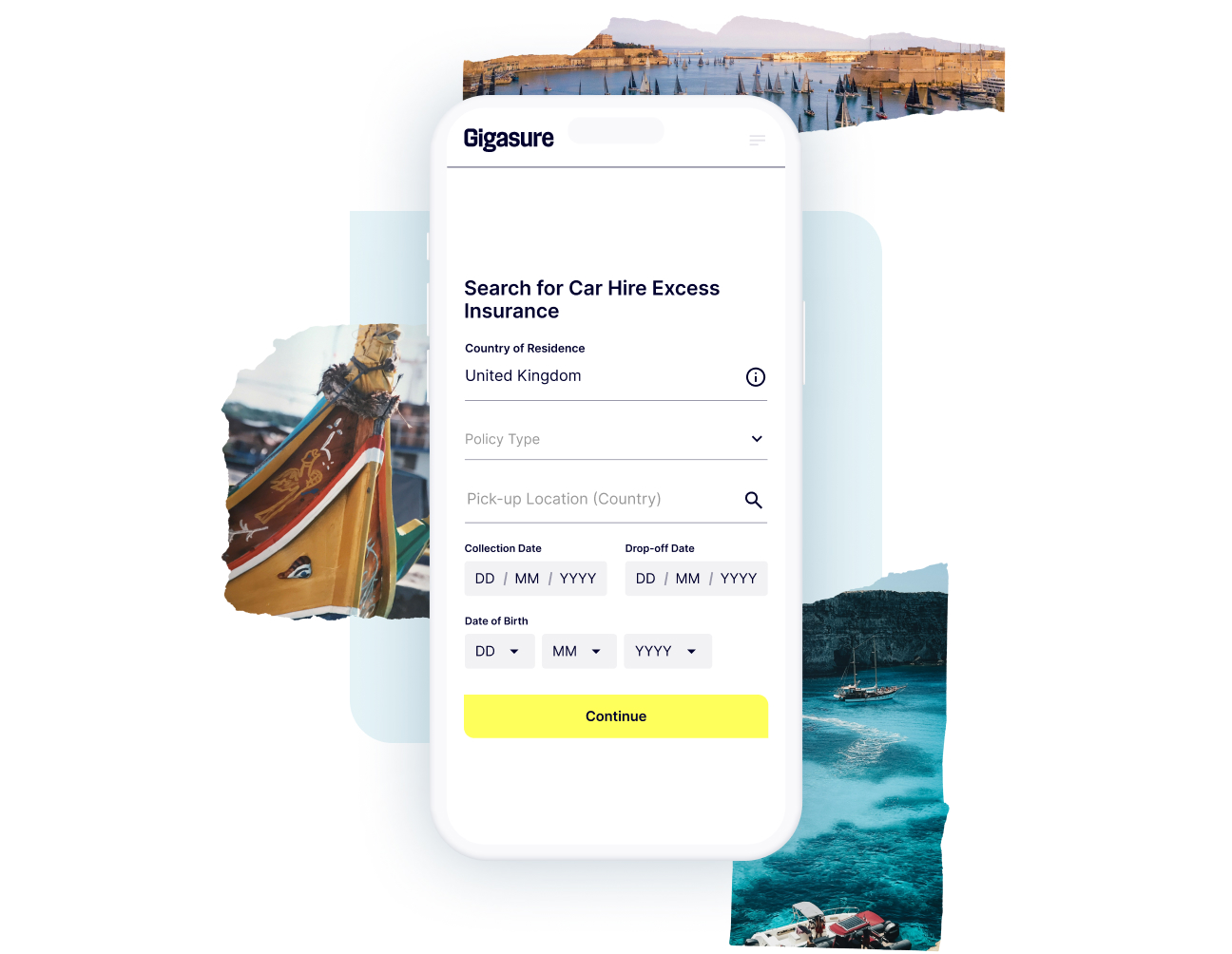 A combination of scenic Maltese sceneries and a phone screen showing how easy it is to start your Gigasure Car Hire Excess Insurance quote for Malta