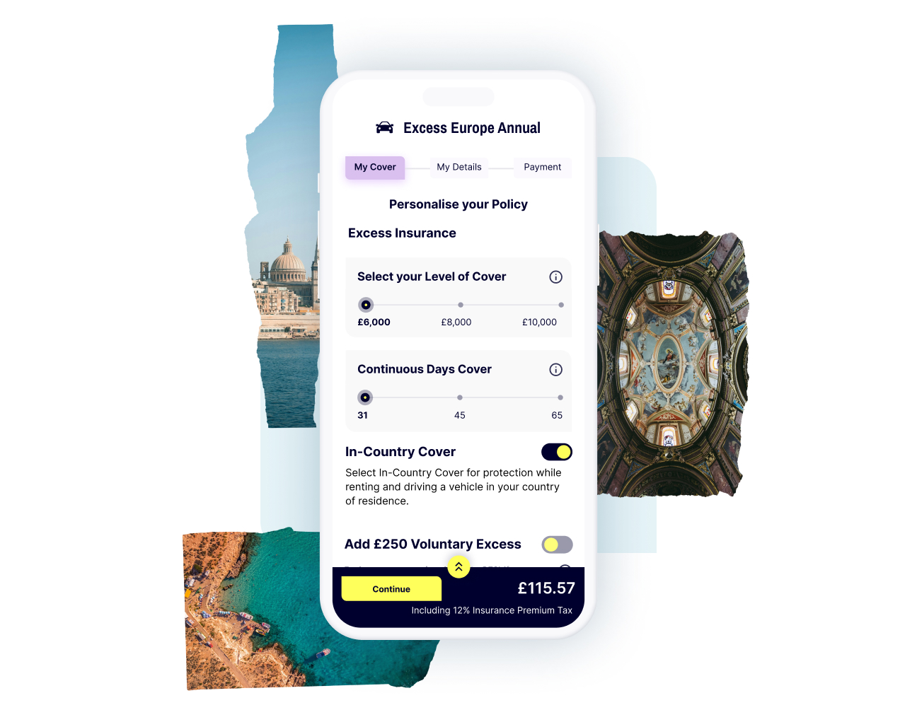 A mobile screen displaying your personalised Gigasure Car Hire Excess policy for Malta, where you choose your voluntary excess and the length of cover