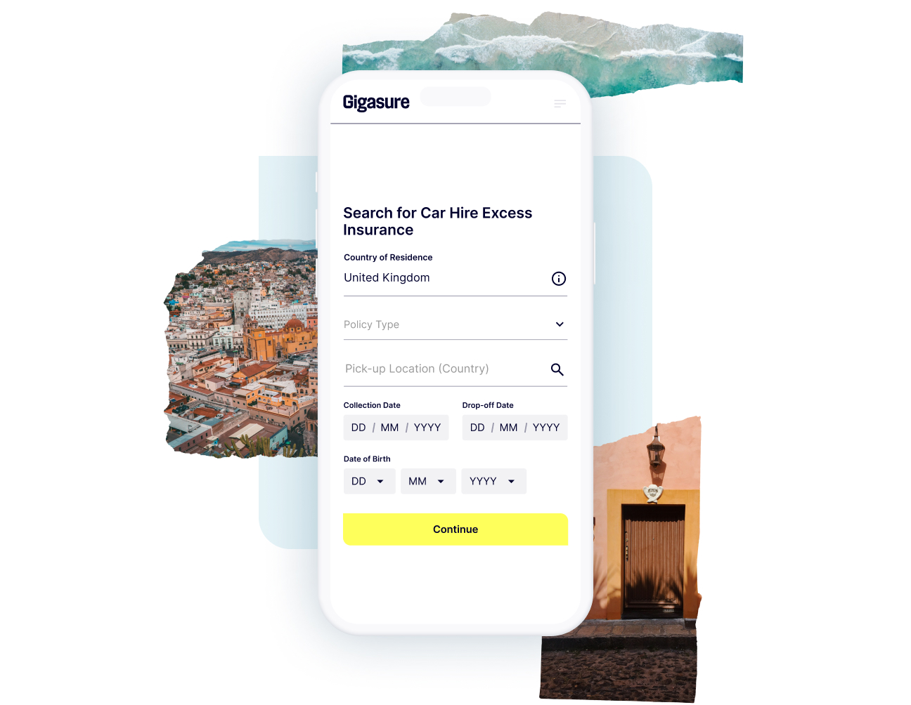 A combination of scenic Maltese sceneries and a phone screen showing how easy it is to start your Gigasure Car Hire Excess Insurance quote for Malta