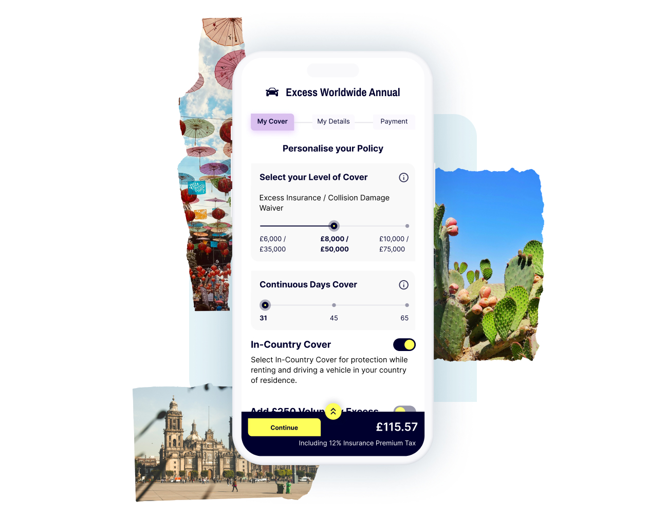 A mobile screen displaying your personalised Gigasure Car Hire Excess policy for Malta, where you choose your voluntary excess and the length of cover