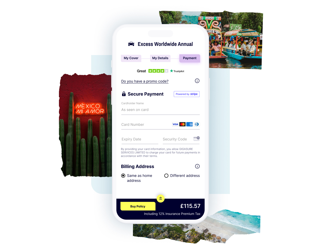 The payment screen in the checkout process for your Gigasure Car Hire Excess Insurance for your trip through Malta
