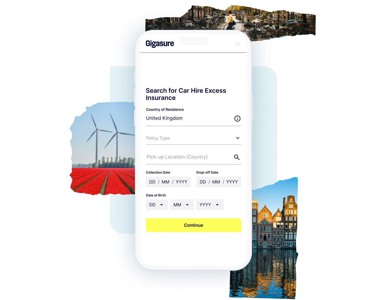 An inviting mix of Dutch sceneries and a phone screen showing how to start your Gigasure Car Hire Excess Insurance quote for the Netherlands