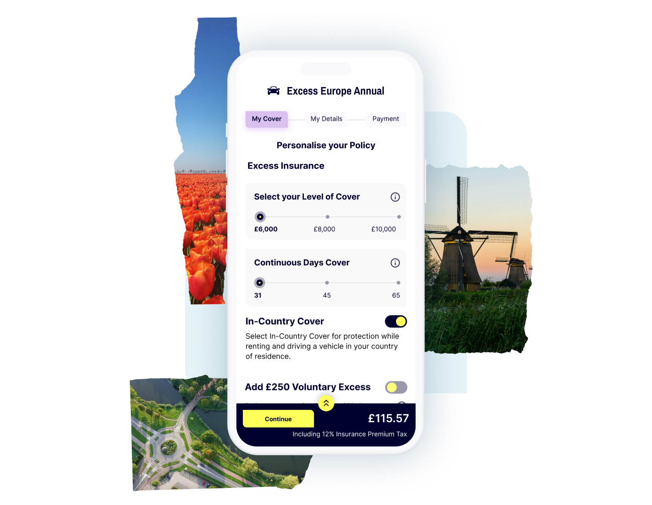 A phone screen displaying your tailored Gigasure Excess Insurance for your trip through the Netherlands, including options for voluntary excess and consecutive cover days