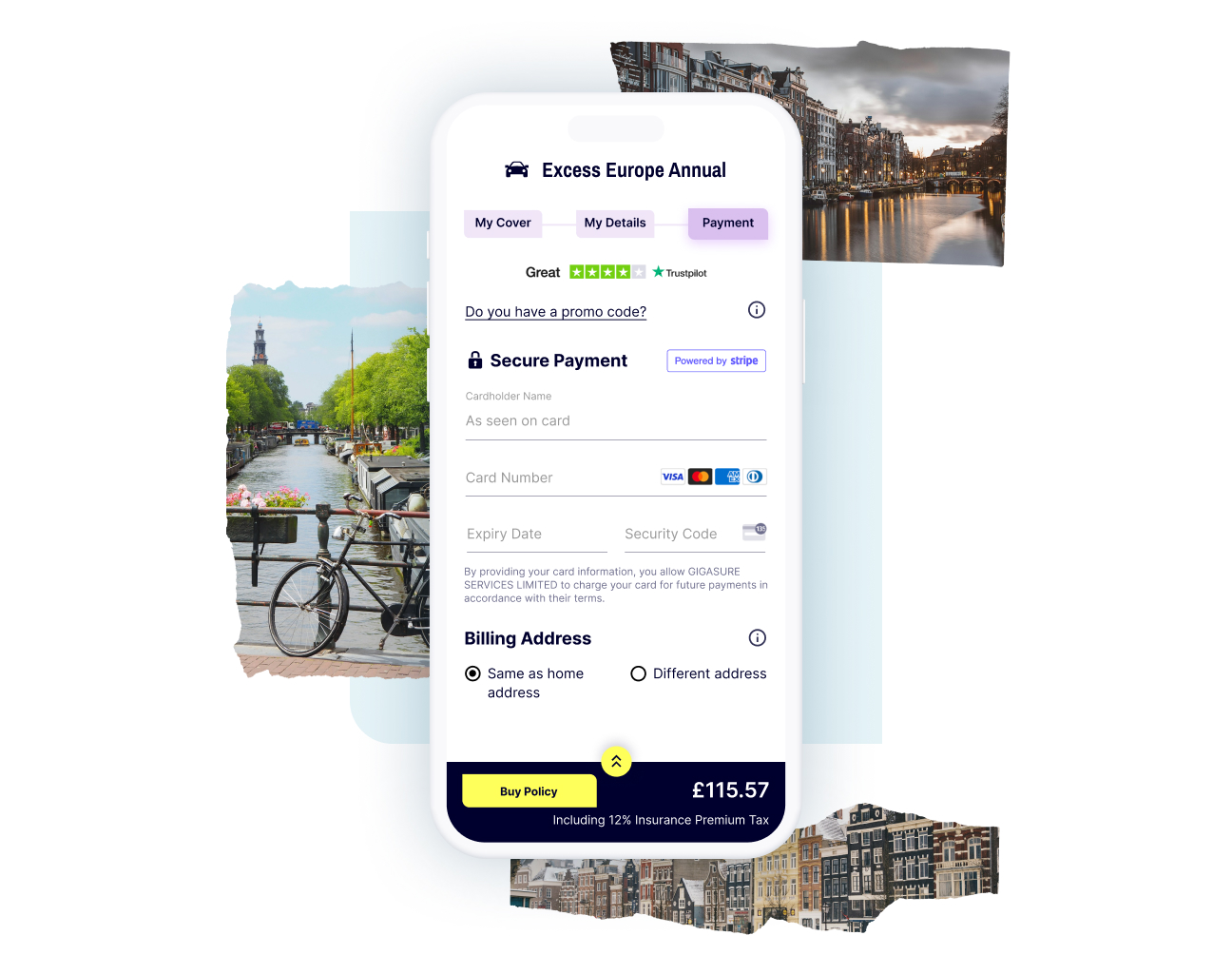 The final payent screen as you complete your Gigasure Car Hire Excess Insurance for your Dutch getaway
